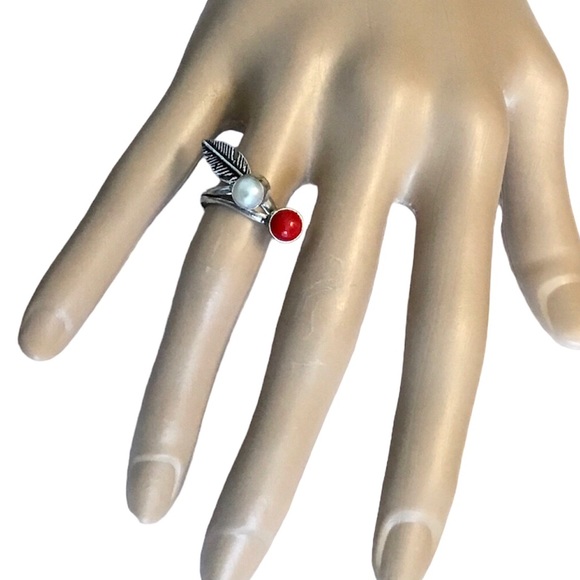 Feather Pearl &  Coral Silver Ring Gemstone Southwest Boho Minimalist - Picture 8 of 8